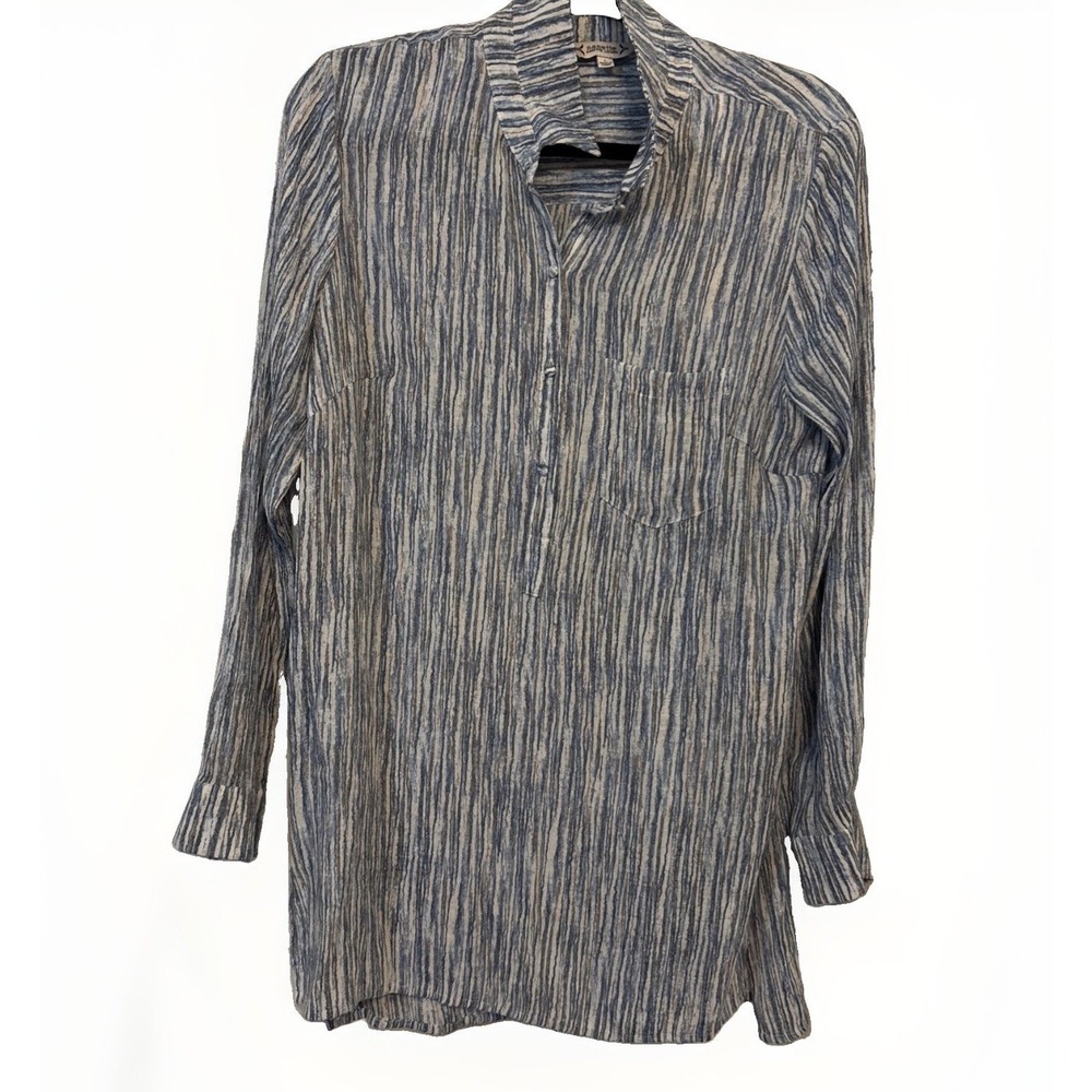 Nanette Lepore Striped Womens Tunic Blouse L Blue Pocket Collared LS Coastal